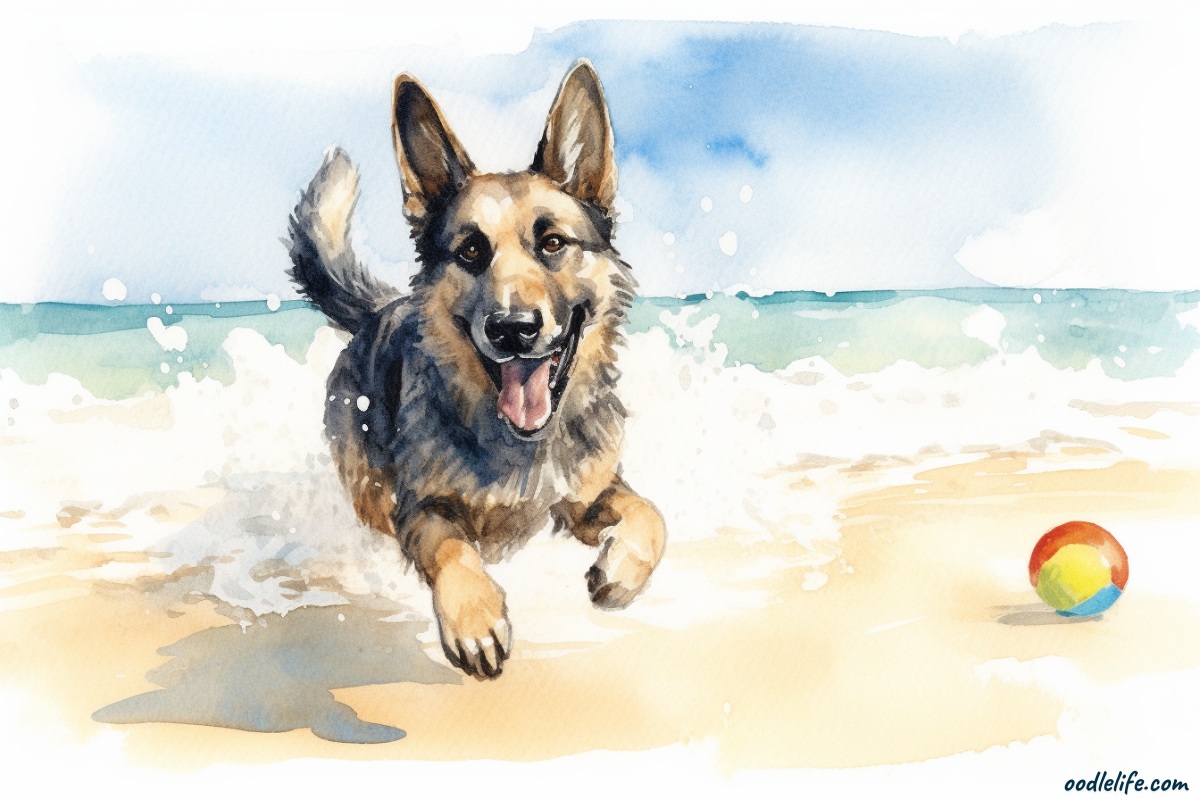 A particularly happy German Shepherd dog at a Los Angeles dog beach